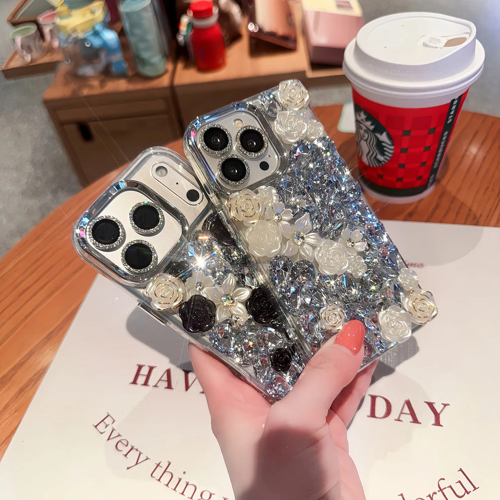 Luxury Bling Diamond Flower Case for iPhone 17 16 15 14 13 12 Pro Max
