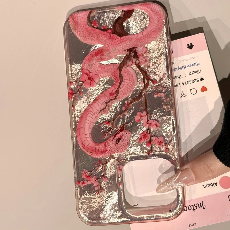 Cute Pink Floral Snake Case for iPhone 16 15 14 13 12 11 Pro Max Cover