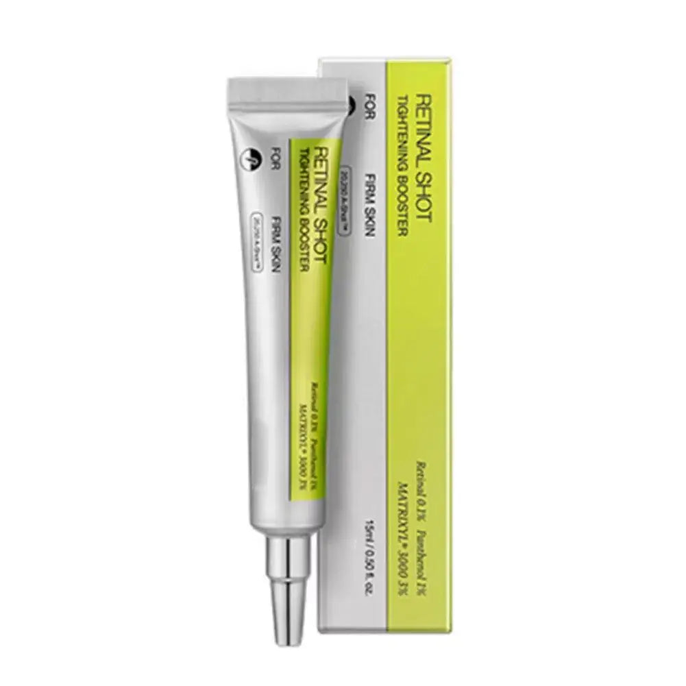 A silver squeeze tube of Skin Care FX Retinal Shot Tightening Booster next to its white and lime green packaging box, shown on a plain white background. Main image