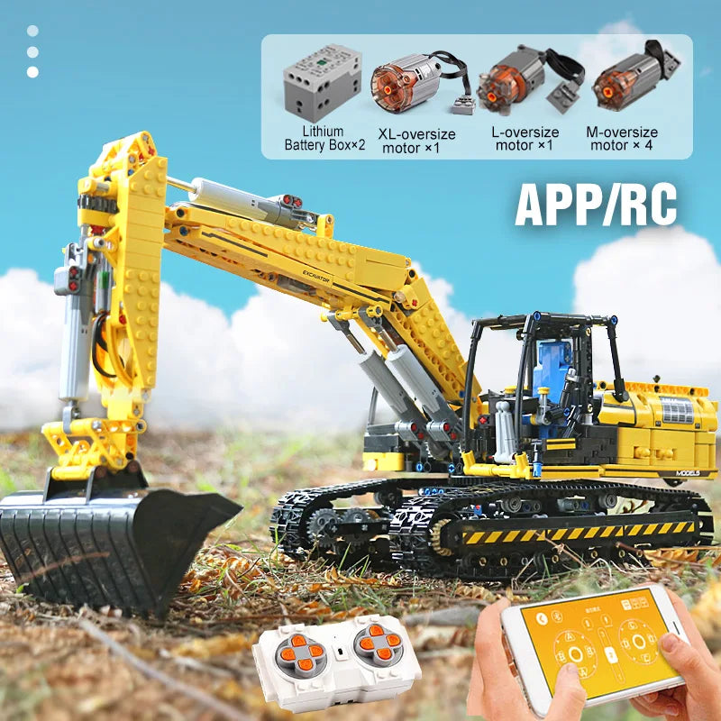 Toy excavator with remote control and smartphone app interface on a natural background