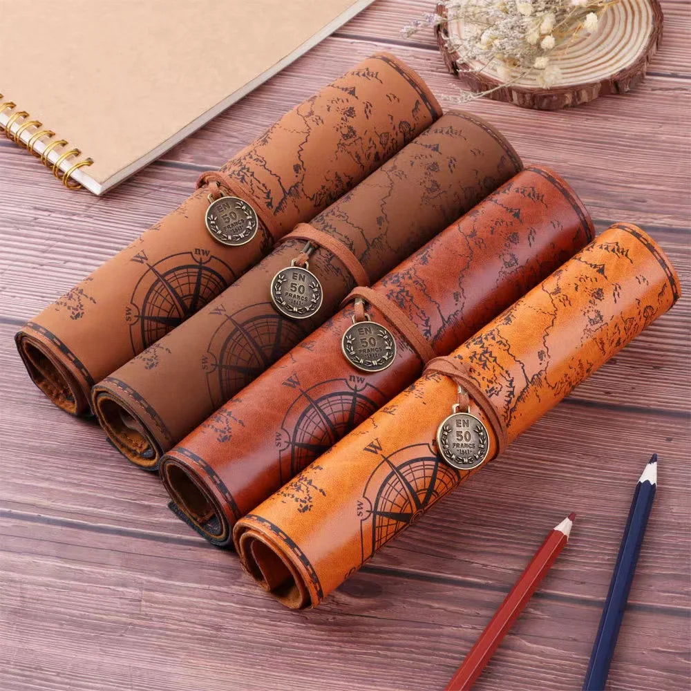 Vintage Treasure Map Pencil Case Leather Roll Stationery Bag