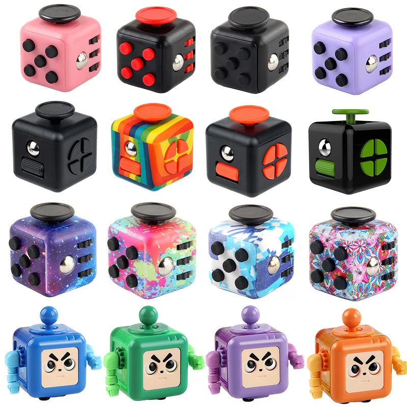 fidget cube colour options grid showing various multi sided sensory toys for desk stress relief