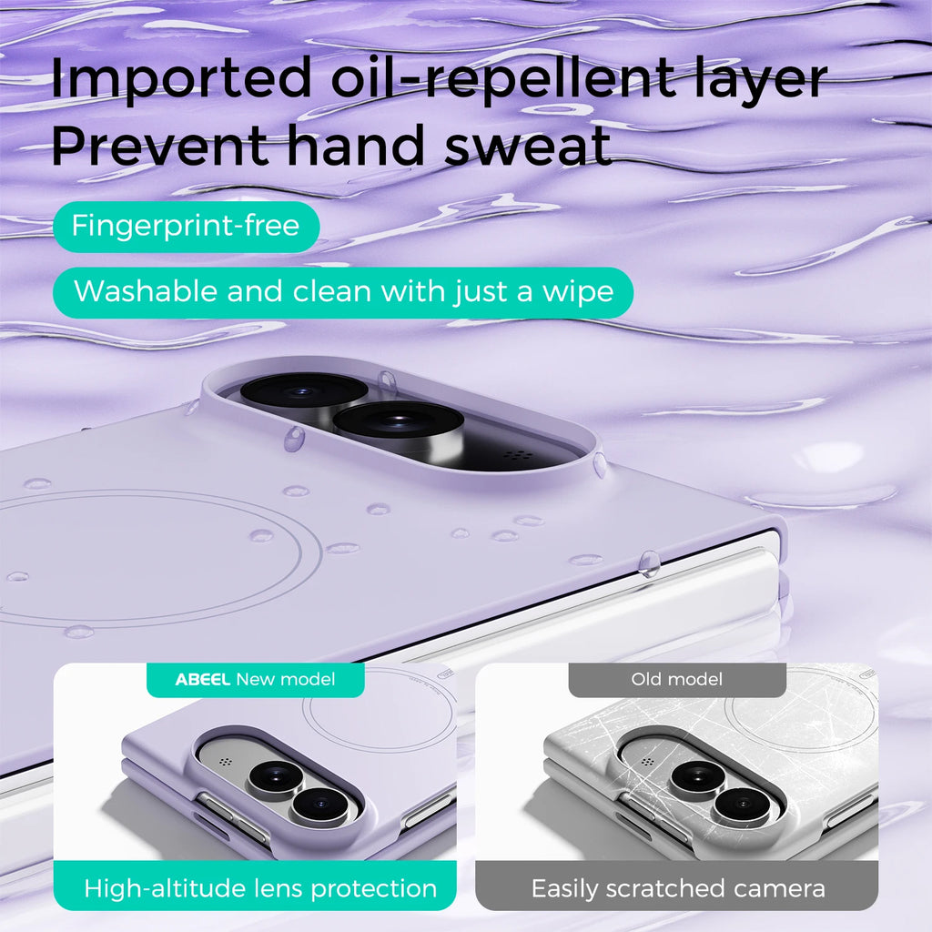 A promotional graphic for a light purple phone case with text overlays highlighting oil-repellent properties, fingerprint-free design, washability, and camera protection. The image shows a phone fitted with the case, along with two smaller inset comparison images labeled 'ABEEL New model' and 'Old model'.
