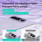 A promotional graphic for a light purple phone case with text overlays highlighting oil-repellent properties, fingerprint-free design, washability, and camera protection. The image shows a phone fitted with the case, along with two smaller inset comparison images labeled 'ABEEL New model' and 'Old model'.