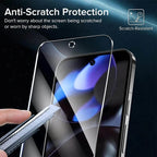 Screen protector being applied to a smartphone with text about anti-scratch protection.