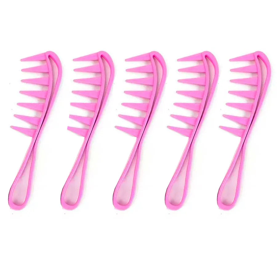 Five pink hair combs with a unique design on a white background