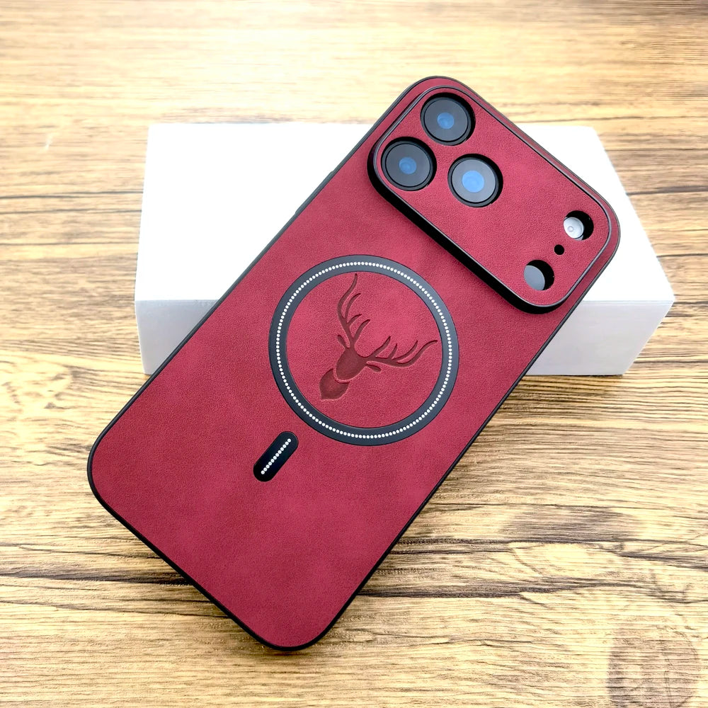 Red phone case with a deer design on a wooden surface