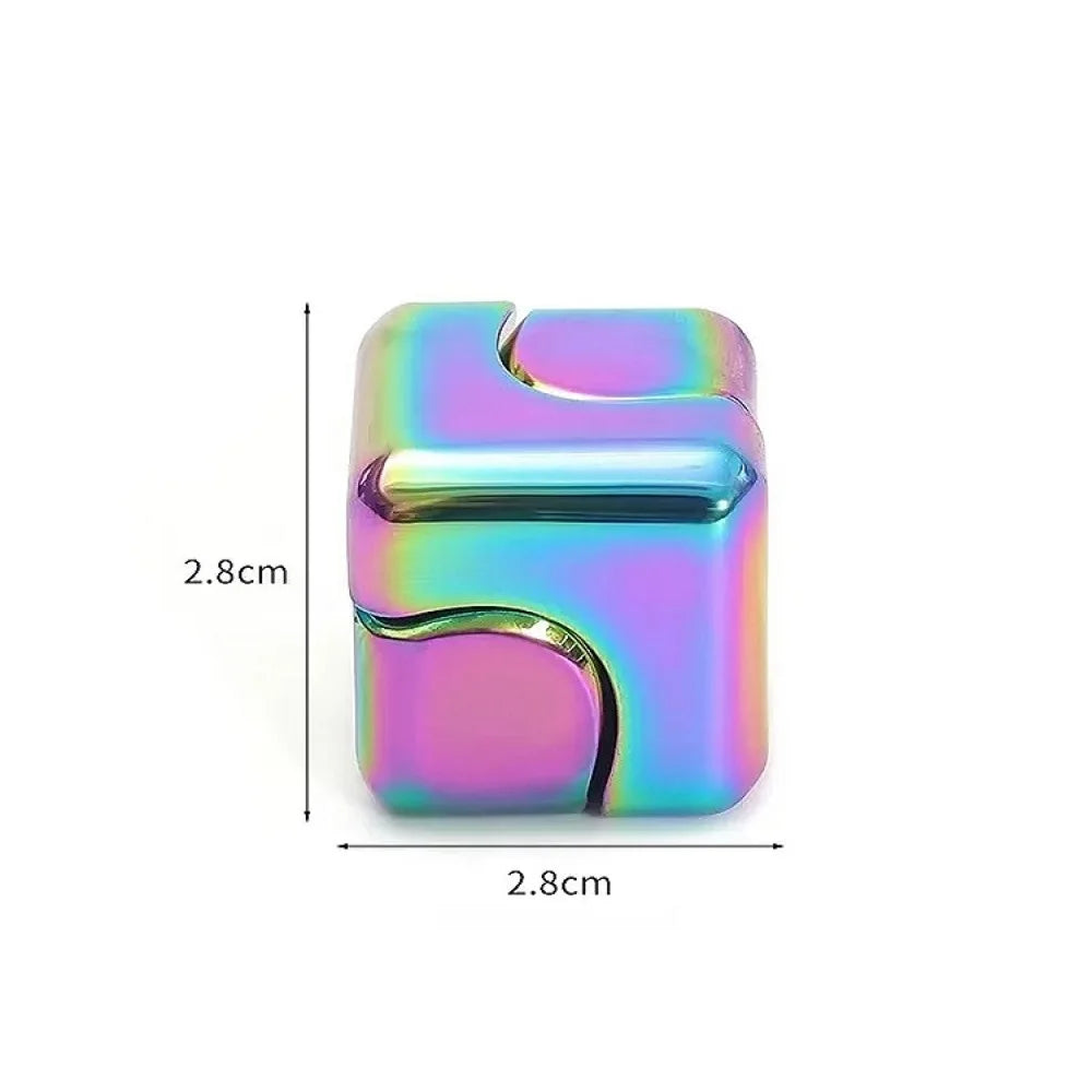 rainbow metal fidget spinner cube standing upright displaying vivid metallic lustre and smooth edges