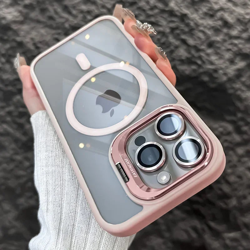 Luxury Magnetic Stand Case with Lens Guard for iPhone 16 15 14 Pro Max