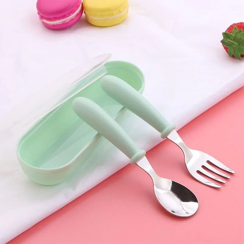 3PCS Kids Stainless Steel Spoon Fork Set with Travel Case
