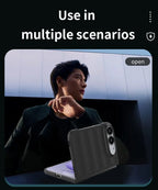 A promotional graphic showing a dark gray protective phone case with a built-in power bank port, displayed next to a smartphone. The background features a man in a dark suit, and the top text reads 'Use in multiple scenarios'.