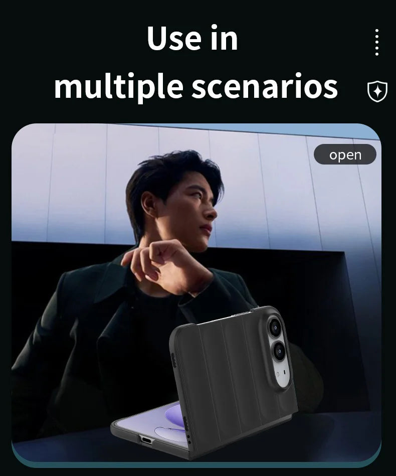 A promotional graphic showing a dark gray protective phone case with a built-in power bank port, displayed next to a smartphone. The background features a man in a dark suit, and the top text reads 'Use in multiple scenarios'.