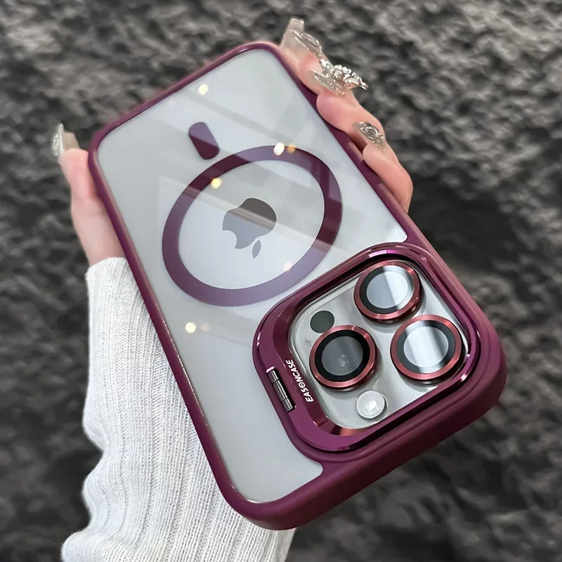 Luxury Magnetic Stand Case with Lens Guard for iPhone 16 15 14 Pro Max