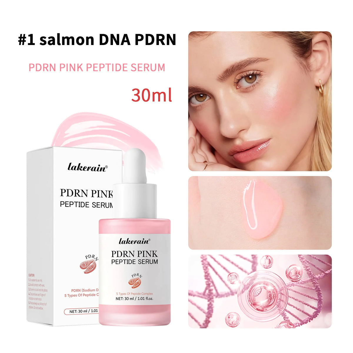 Lakerain PDRN Pink Peptide Serum packaging with product and close-up of a woman's face.