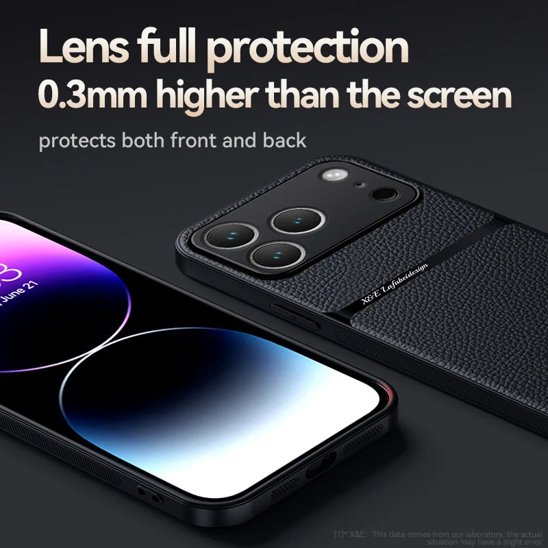 Phone case with text about lens protection on a dark background
