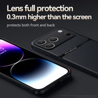 Phone case with text about lens protection on a dark background