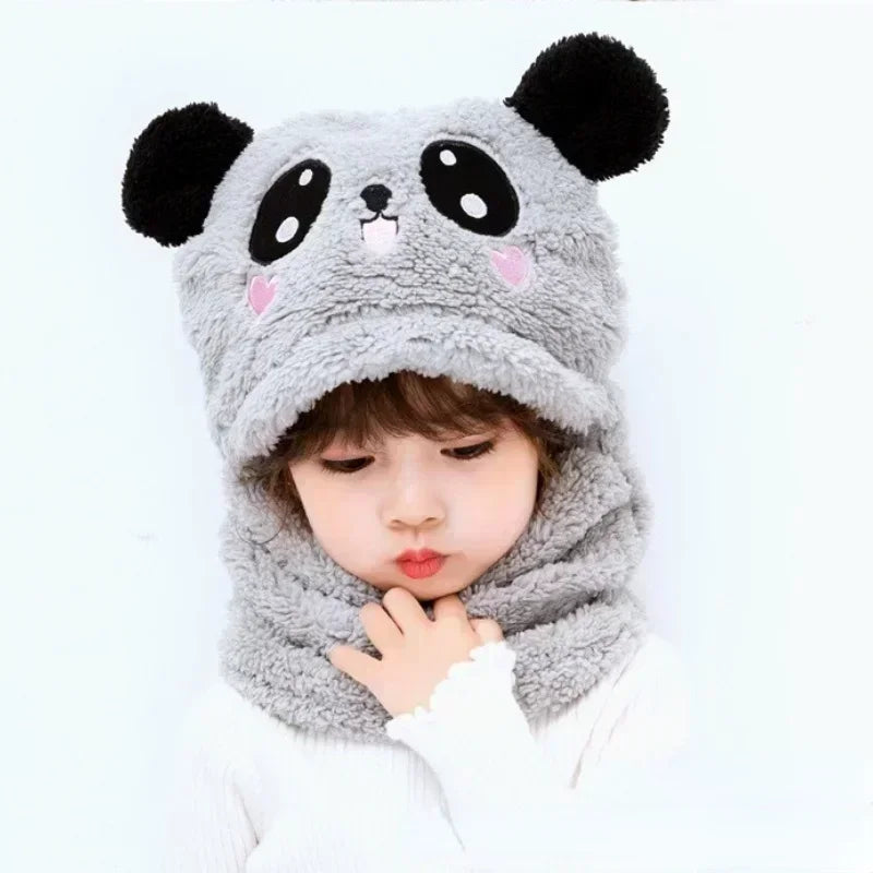 Kids Cartoon Winter Hat & Scarf Set Warm Fleece Cap
