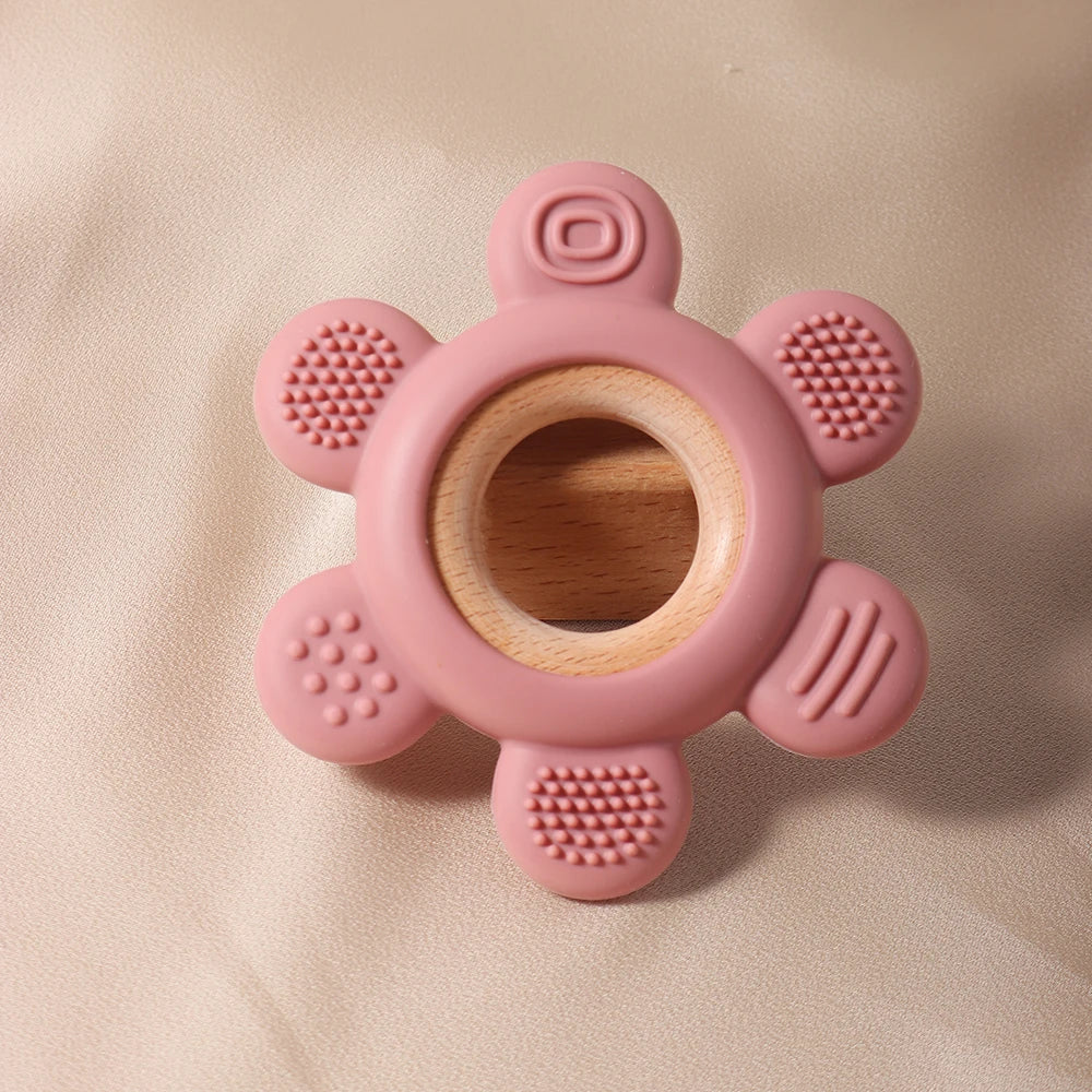 Baby Wooden Flower Teether Food Grade Silicone Toy