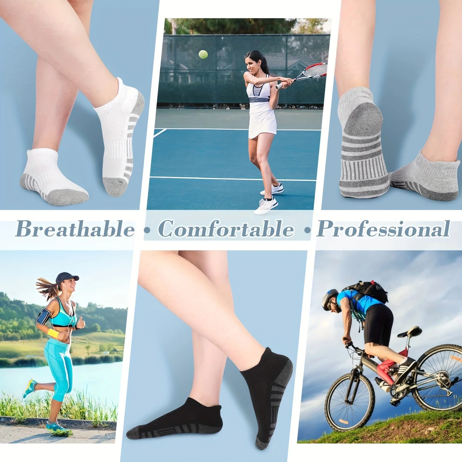 Lifestyle images of men & women wearing low cut sports socks during outdoor activities like running and cycling.
