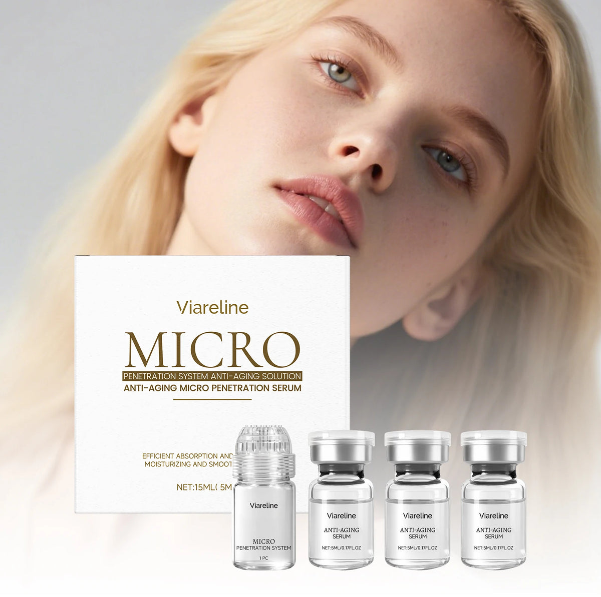 smiling woman next to anti wrinkle serum and microneedle roller set for youthful firm skin Main image