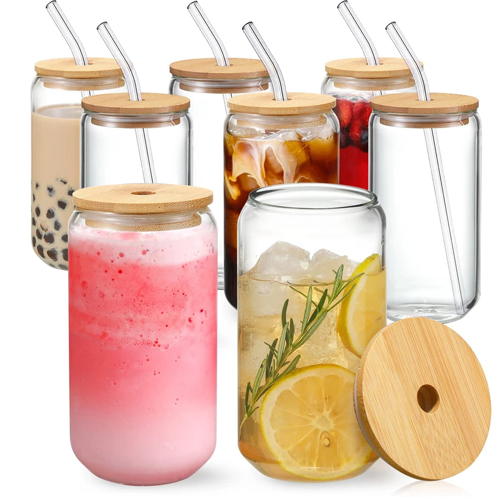 Glass Mason Jar Cup with Bamboo Lid & Straw 350ml/550ml Drink Mug