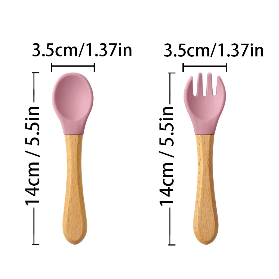 2PCS Baby Learning Spoon & Fork Set Wooden Handle Silicone Cutlery