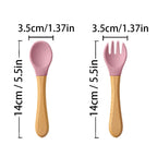 2PCS Baby Learning Spoon & Fork Set Wooden Handle Silicone Cutlery