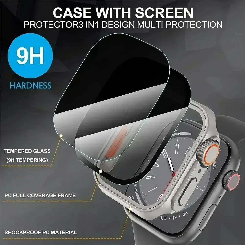 A 9H tempered glass screen protector with a full coverage protective frame, shown floating over a silver smartwatch on a dark gray background with text highlighting its multi-protection features.