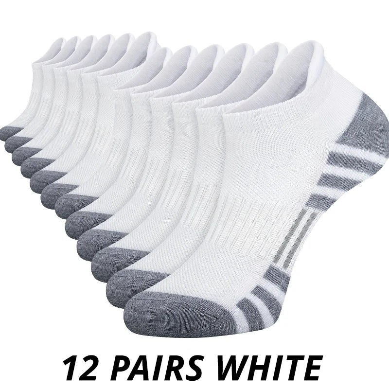 A stack of 12 pairs men's athletic short tube socks in white color.
