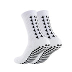 One pair of white non slip football grip socks showing the athletic design for rugby and soccer