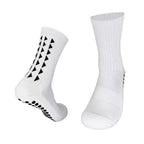 White football grip socks displaying the middle tube length and high quality knit material from front and side view