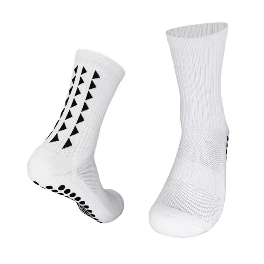 White football grip socks displaying the middle tube length and high quality knit material from front and side view