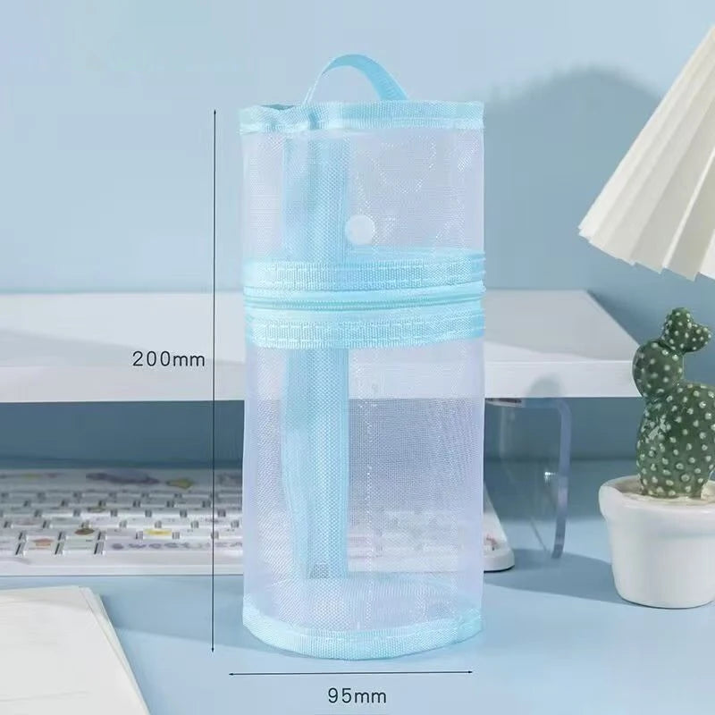 Clear Mesh Pencil Case Portable Standing Pen Holder Organizer