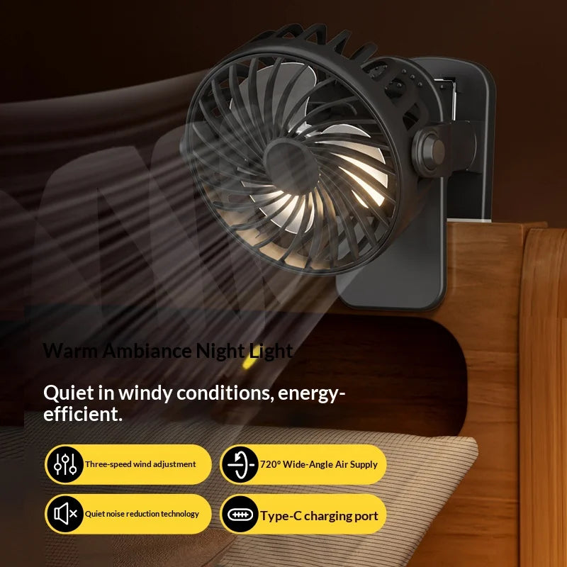 Portable Rechargeable Clip Fan with Night Light 360° 3-Speed USB