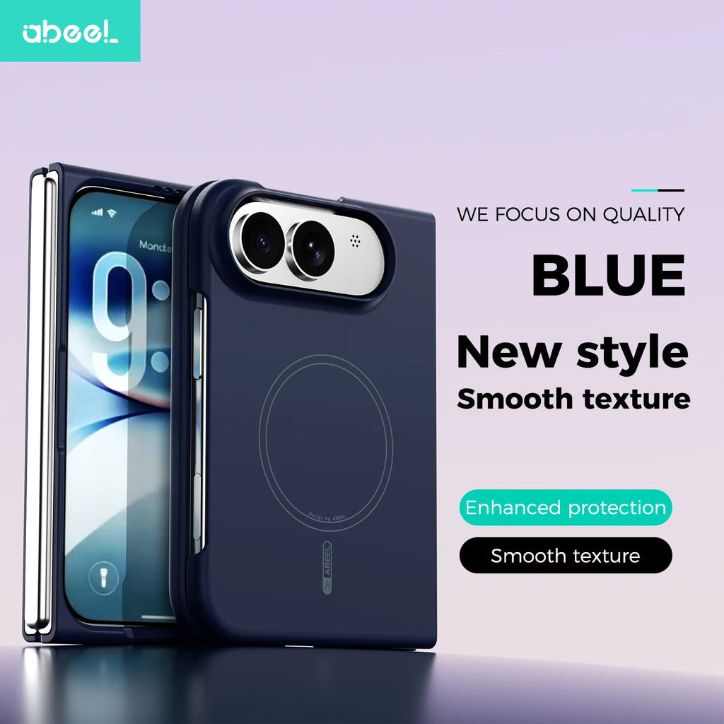 A dark blue smartphone case shown on a phone, with marketing text on a light lavender background. The case has a circular MagSafe-style ring on the back, a camera cutout, and the abeel logo in the top left corner.