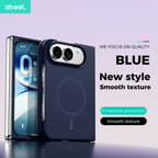 A dark blue smartphone case shown on a phone, with marketing text on a light lavender background. The case has a circular MagSafe-style ring on the back, a camera cutout, and the abeel logo in the top left corner.