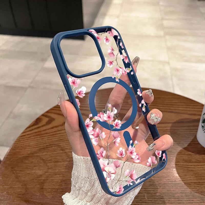 Pink Cherry Floral Magnetic Phone Case for iPhone 17 16 15 14 Pro Max