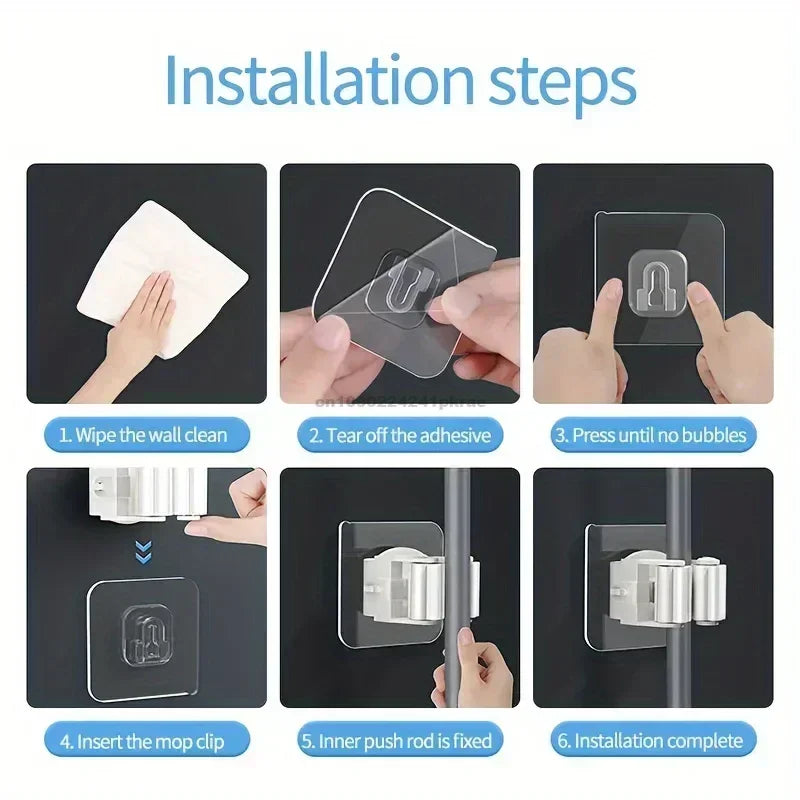 Self-Adhesive Mop Holder Wall Mounted Broom & Mop Organizer