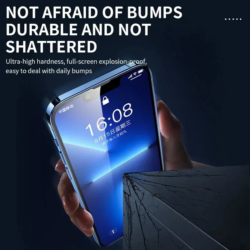 Phone screen with a blue display held by a hand, with text about durability.
