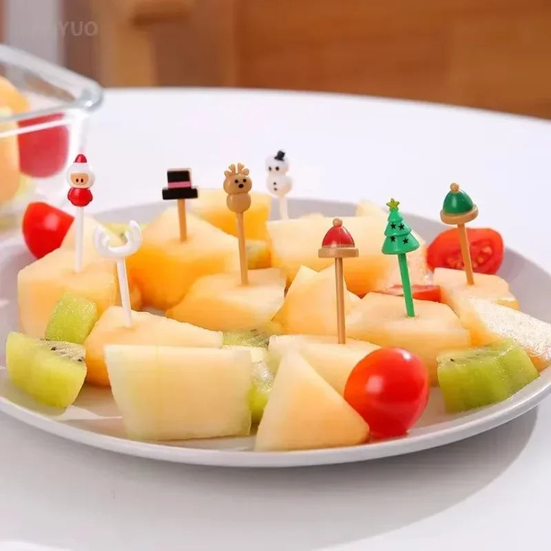 Christmas Fruit Fork Set Santa, Snowman & Elk Cupcake Toppers Decorations