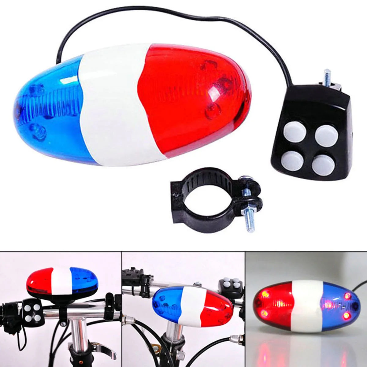Bicycle Police Siren Horn 4 Sound Bike Bell with LED Strobe Light