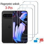 Three phone screen protectors in front of a smartphone with text indicating fingerprint unlock capability.