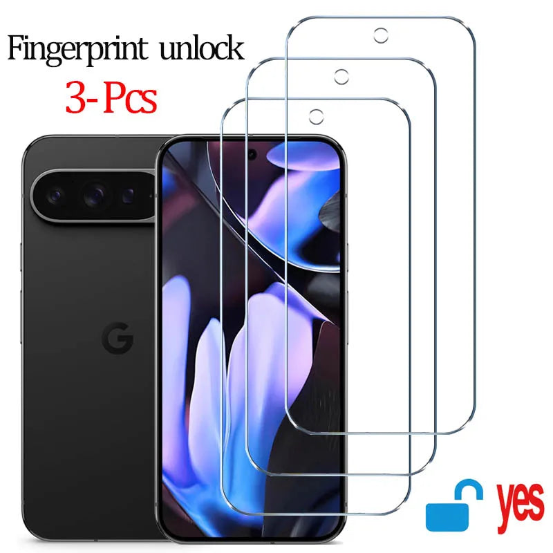 Three phone screen protectors in front of a smartphone with text indicating fingerprint unlock capability.