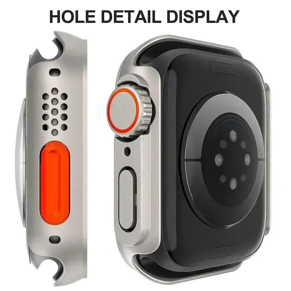 A close-up product display labeled 'HOLE DETAIL DISPLAY' showing a smartwatch case with side and back views. The case is metallic silver with a bright orange accent ring around the dial and an orange vertical accent on the side, set against a plain white background.