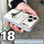A person holds a light blue and white magnetic kickstand phone case with a built-in kickstand. The case features a white back panel with a circular magnetic charging area, a camera cutout with an orange accent border, and a phone inserted.