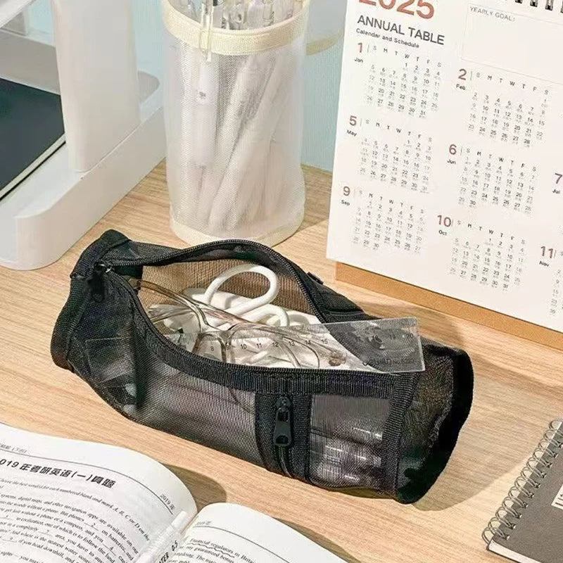 Clear Mesh Pencil Case Portable Standing Pen Holder Organizer