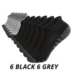 Pack of 12 pairs men's breathable sports socks including 6 pairs black and 6 pairs grey colors.