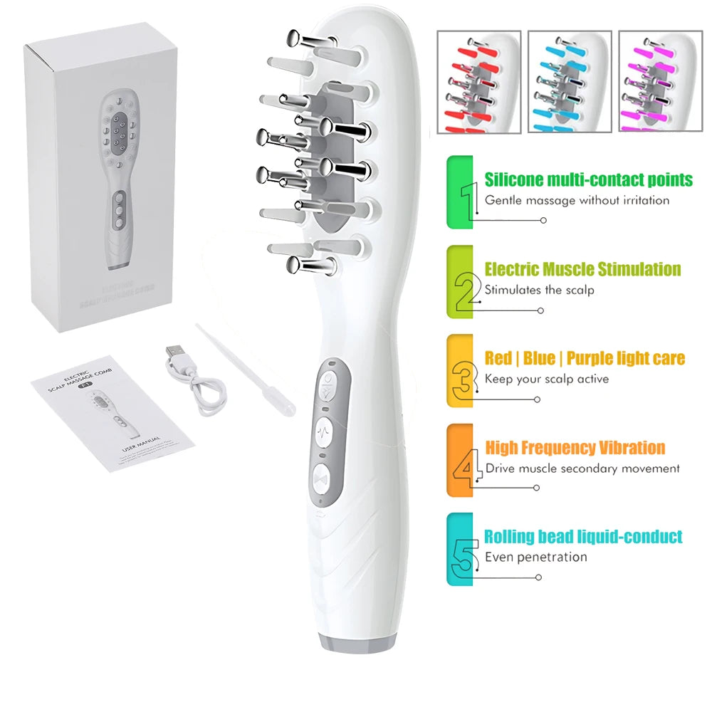 White and silver electric scalp massage device with multiple silicone contact points, shown with its retail box, USB charging cable, and user manual on a white background, accompanied by feature callout graphics.