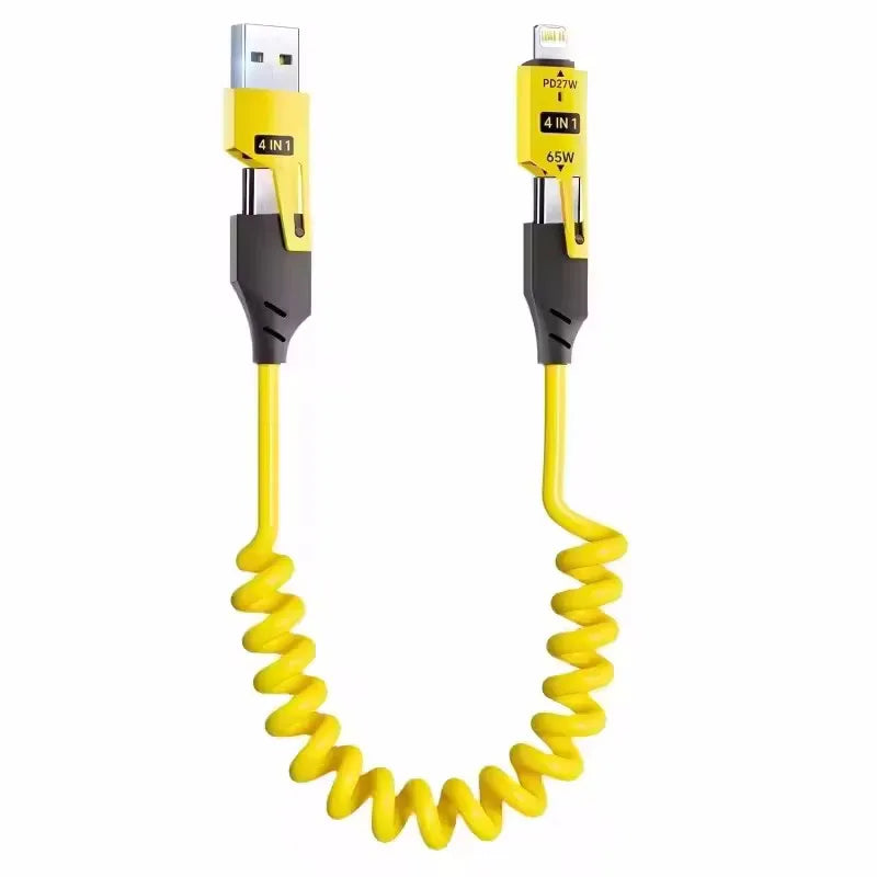 4 in 1 65W Spring Short Data Cable Quick Charger Wire Spring USB Cable for iPhone 16 15 14 13