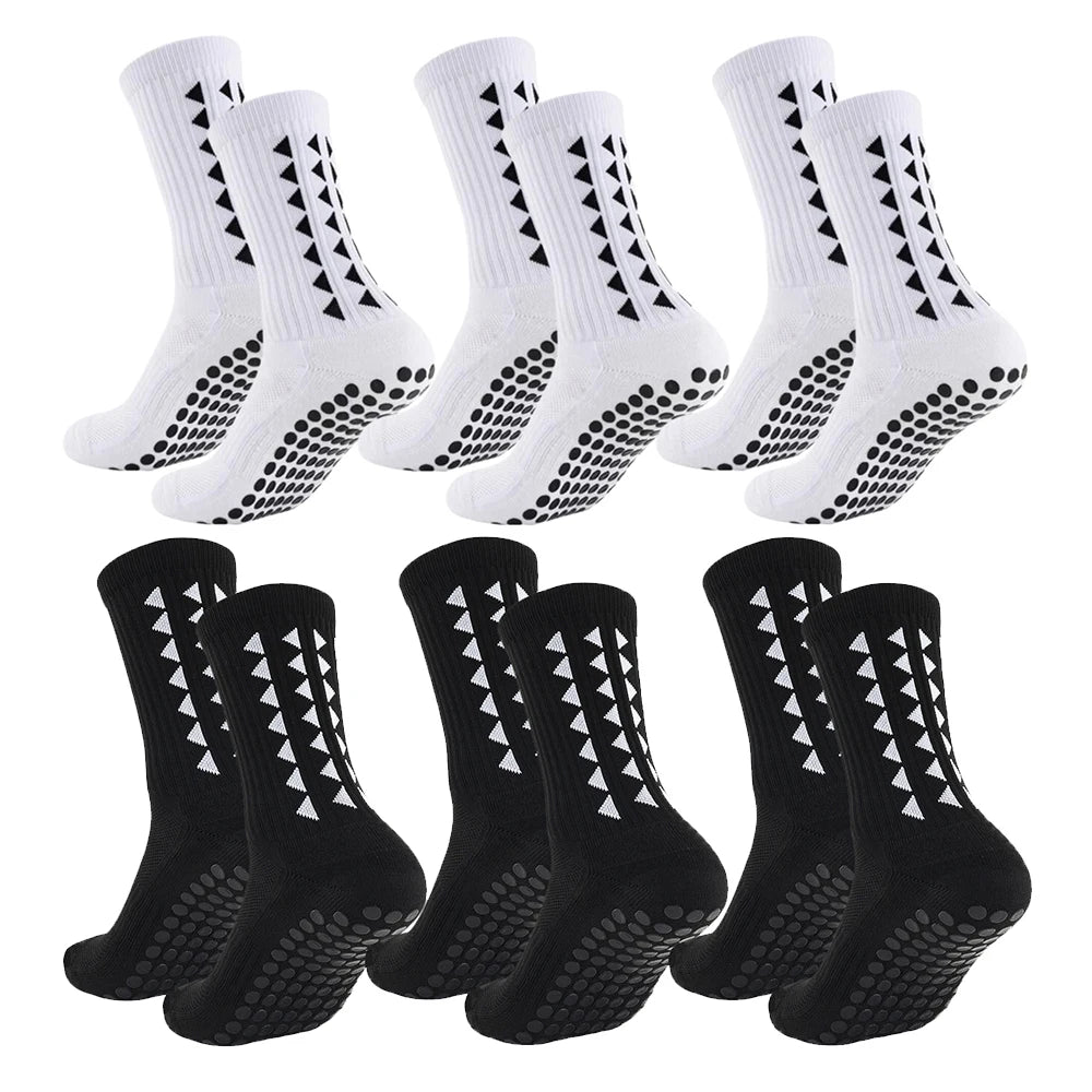 6 pairs football grip socks for men and women featuring anti slip sports design with towel bottom in black and white colors
